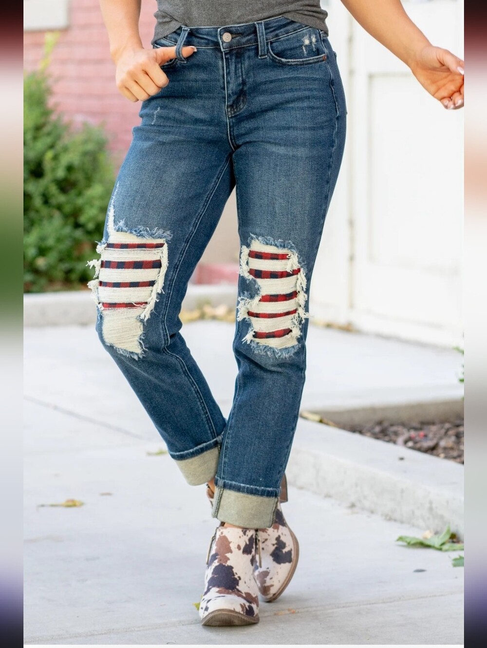 Judy Blue Buffalo Plaid Patch Mid Rise Cuffed Boyfriend Jeans